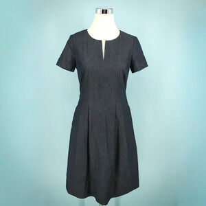 Hugo Boss Size 4 US Hanessa Chambray Split V Neck Short Sleeve Fit Flare Dress